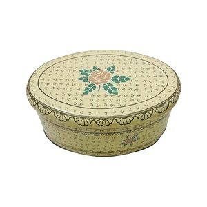 Vintage Meister Yellow and Blush Rose Oval Candy Tin Floral Metal